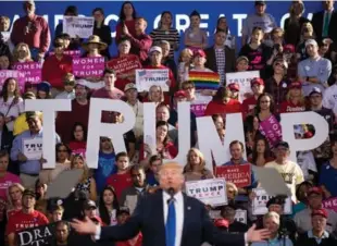  ?? DAMON WINTER/THE NEW YORK TIMES ?? Donald Trump addresses supporters in Raleigh, N.C., on Monday, the last day of campaignin­g.