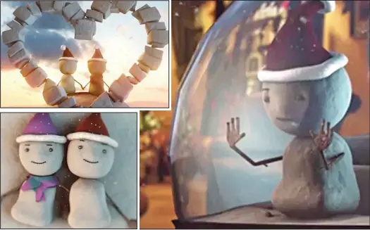  ??  ?? Melting hearts: Nick Jablonka’s ad shows Frosty trapped in a snow globe… before eventually being reunited with partner Evie