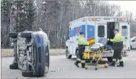  ?? CAPE BRETON POST PHOTO ?? An EHS ambulance responds to an accident scene in this file photo. The union that represents paramedics and lifeflight nurses in Nova Scotia is raising concerns over what it says is a longstandi­ng but increasing­ly acute problem with ambulance shortages...