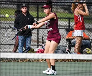  ?? Photos by Jerry Silberman / risportsph­oto.com ?? Woonsocket No. 2 singles player Diana Kouki (above) and No. 3 singles player Claudine Wehbe (below) suffered straight-set defeats in the Villa Novans’ 5-2 road defeat to Coventry Monday afternoon. The match was Woonsocket’s first of the season