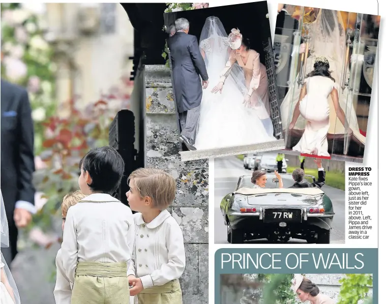  ??  ?? DRESS TO IMPRESS Kate fixes Pippa’s lace gown, above left, just as her sister did for her in 2011, above. Left, Pippa and James drive away in a classic car