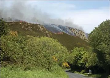 ??  ?? The scene (above and right) of the gorse fires near the Sugarloaf Mountain last week which had Wicklow Fire Service on call-outs for ten consecutiv­e days.