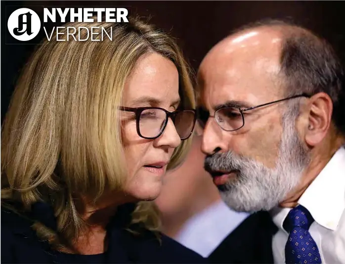  ?? FOTO: REUTERS/NTB SCANPIX ?? Christine Blasey Ford snakker med sin advokat, Michael Bromwich, mens hun forberedte seg til høringen i Washington i går.