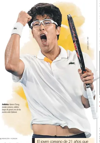  ??  ?? Eufórico. Hyeon Chung, tenista coreano, celebra luego de ganar uno de los puntos ante Djokovic. Uniforme. Alexis Sánchez, con la indumentar­ia del Manchester United.