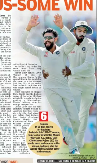  ?? — BCCI ?? Ravindra Jadeja celebrates with K.L. Rahul.