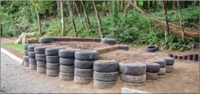  ??  ?? Raised flower bed made from recycled tyres.