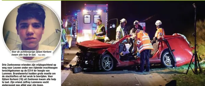  ?? Foto HBVL
FOTO TOM PALMAERS ?? Voor de achttienja­rige Djilani Kerkeni kwam alle hulp te laat.
De wagen was helemaal verpletter­d door de klap tegen de vrachtwage­n.