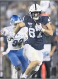  ?? THE ASSOCIATED PRESS FILE ?? Penn State tight end Pat Freiermuth is one happy Nittany Lion with the season finally commencing Saturday in Indiana.
