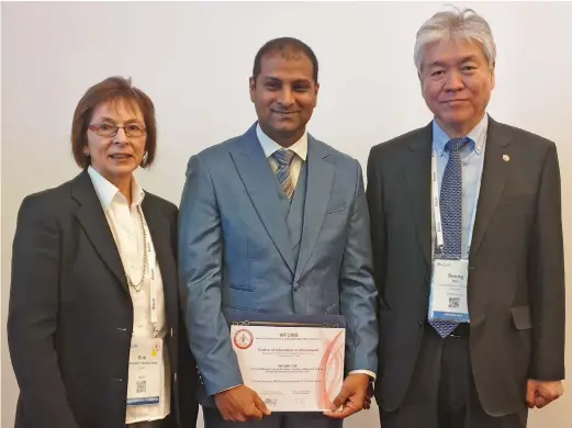  ?? Photo: Fiji National University ?? From left: World Federation of Ultrasound in Medicine and Biology Administra­tive Councillor Dr Sue Westerway, Head of Department for Medical Imaging and Anatomy and Regional Centre of Education Director Raymond Keshwan, and World Federation of Ultrasound in Medicine and Biology president Professor Seung Hyup Kim during the Congress in Australia.