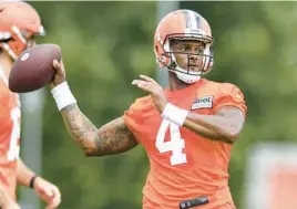  ?? NICK CAMMETT/AP ?? Browns quarterbac­k Deshaun Watson was suspended for six games throws a pass during the training camp on Monday in Berea, Ohio.