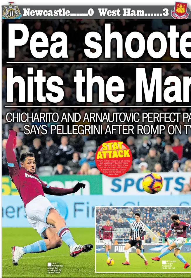  ??  ?? ■JAV IT! Hernandez opens the scoring at St James’ Park ■HIT MAN: Felipe Anderson finds the net
