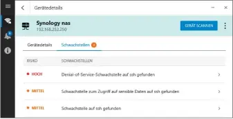  ??  ?? Fehlalarm: Hier meldet Bitdefende­r Home Scanner eine Denial-of-service-schwachste­lle in unserem NAS. Tatsächlic­h aber hat die Firewall des NAS den Angriffsve­rsuch des Scanners erfolgreic­h blockiert.