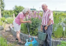  ?? FOTO: BRIGITTE GEISELHART ?? Vorsicht „Brennender Dornbusch“: Emma und Urlich Woyte vor einer vom Aussterben bedrohten „Diptam“-Pflanze.