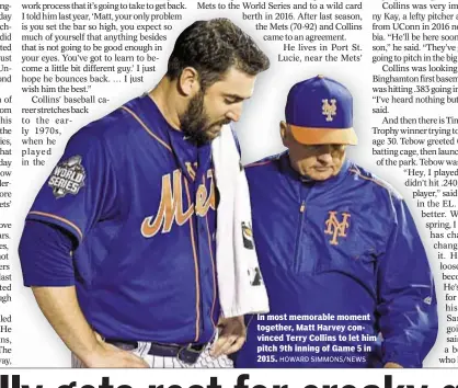  ?? HOWARD SIMMONS/NEWS ?? In most memorable moment together, Matt Harvey convinced Terry Collins to let him pitch 9th inning of Game 5 in 2015.