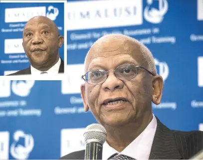  ?? Pictures: Jacques Nelles ?? TOUGH TALK. Umalusi Chair John Volmink during a press briefing at the Umalusi offices in Pretoria yesterday. Inset: Mafu Rakometsi, CEO of Umalusi council for quality assurance in general and further education and training.