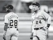  ?? Emilee Chinn / Getty Images ?? Detroit’s Miguel Cabrera, right, will miss the series against the Astros after going on the injured list.