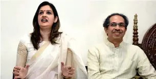  ?? PTI ?? Priyanka Chaturvedi addresses the media after joining the Shiv Sena in presence of the party chief Uddhav Thackeray at Matoshri in Mumbai on Friday. —