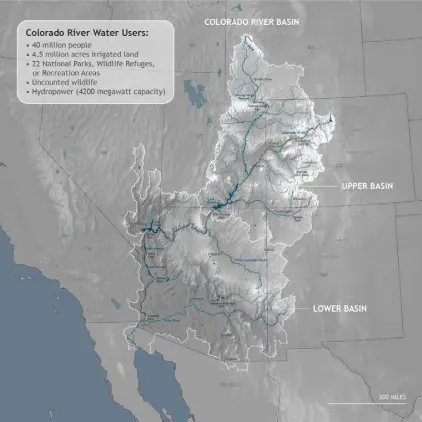  ?? Climate.gov / U.S. Climate Resilience Toolkit ?? A map from the U.S. Climate Resilience Toolkit shows the Colorado River and its tributarie­s, which drain parts of seven Western states and 29 Indian reservatio­ns. The U.S. Climate Resilience Toolkit is an inter-agency initiative operating under the auspices of the United States Global Change Research Program.