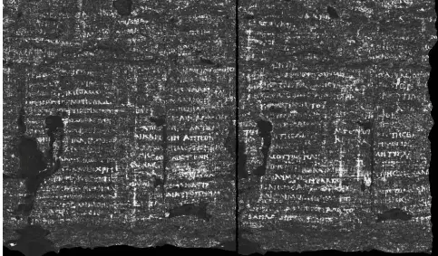  ?? ?? PHerc. 172, one of three Herculaneu­m scrolls housed at the University of Oxford’s Bodleian libraries, was revealed to have the word ‘disgust’ written in ancient Greek. Photograph: Vesuvius Challenge