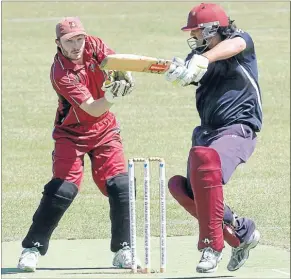  ??  ?? Tense moment: Easts batsman Ronald Karaitiana attempts to cut and North City wicketkeep­er Jordan McDermott waits to pounce.