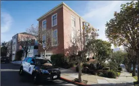  ?? (File Photo/AP/Jeff Chiu) ?? A San Francisco Police Department vehicle is parked Oct. 29 outside the home of Speaker of the House Nancy Pelosi in San Francisco. Stories circulatin­g online incorrectl­y claim the attack on Paul Pelosi was a “Domestic Violence Case in a consensual sexual relationsh­ip.”