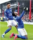  ??  ?? That will do: Kelechi Iheanacho (right) celebrates his goal with Demarai Gray