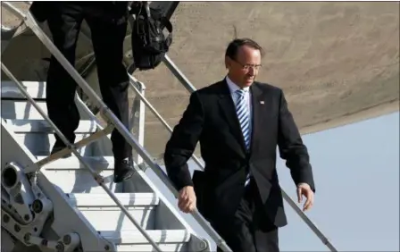  ?? ALEX BRANDON — THE ASSOCIATED PRESS ?? Deputy Attorney General Rod Rosenstein steps off Air Force One as he arrives Monday at Andrews Air Force Base, Md.