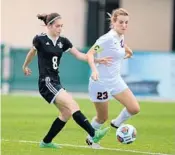  ?? DON MONTAGUE/COURTESY ?? Oxbridge Academy’s Allison Breed had two goals, but Jordan Schaefer (23) got the go-ahead goal with 20 minutes left for the ThunderWol­ves’s first championsh­ip.