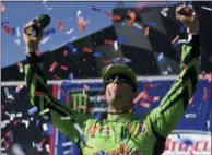 ?? JAMES QUIGG/THE DAILY PRESS VIA AP ?? Kyle Busch celebrates after winning the NASCAR Cup Series auto race at Auto Club Speedway in Fontana, Calif., Sunday, March 17, 2019.