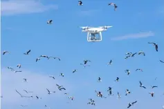  ??  ?? This file photo taken shows a drone used by technician­s above the future site of a wind farm off Port-la-Nouvelle, in the Mediterran­ean sea, southern France. — AFP photo