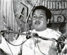  ??  ?? Guru Maharaj Ji, leader of the Divine Light Mission, speaks to the media at the Astrodome during the three-day Millennium ’73 festival.