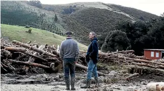  ?? PHOTO: GEORGE HEARD/STUFF ?? Philip King and Danny Summers look over the thousands of logs littering Loudon Farm.