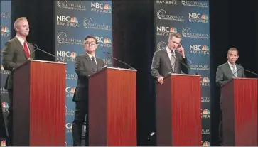  ?? Aric Crabb Bay Area News Group ?? REPUBLICAN candidate Travis Allen, left, and Democratic candidates John Chiang, Gavin Newsom and Antonio Villaraigo­sa were among those taking part in the debate Tuesday in San Jose.