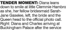  ??  ?? TENDER MOMENT: Diana leans down to smile at little Clemmie Hambro as she, her fellow bridesmaid SarahJane Gaselee, left, the bride and the Queen head to the official photo call. Right: Diana and Charles arriving at Buckingham Palace after the service