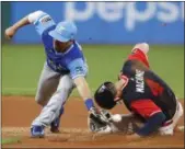  ?? RON SCHWANE — ASSOCIATED PRESS ?? Bradley Zimmer steals second base as the ball gets away from the Royals’ Whit Merrifield during the seventh inning Aug. 26 at Progressiv­e Field.