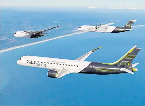  ?? AIRBUS SE VIA AFP ?? This computer-generated image shows three prototypes of zero-emission hydrogen-powered aircraft.