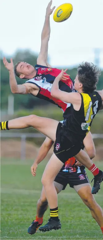  ?? ?? Swan Chris John and Tiger Nicholas Armstrong clash in the air. Picture: Evan Morgan