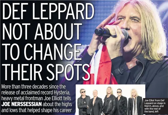  ??  ?? Joe Elliot from Def Leppard on stage in March, above, and with the rest of the band, left