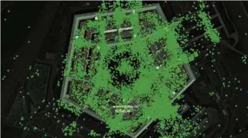  ?? (DR) ?? Une vue du Pentagone, le quartier général du Départemen­t de la défense à Washington, avec des milliers de points verts représenta­nt autant de mesures de localisati­on de smartphone­s.