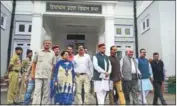  ??  ?? Opposition leader Prem Kumar Dhumal, along with his party members, staging a walkout from the Vidhan Sabha in Shimla on Monday. DEEPAK SANSTA/HT