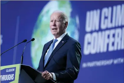  ?? EVAN VUCCI — THE ASSOCIATED PRESS FILE ?? President Joe Biden speaks during the “Accelerati­ng Clean Technology Innovation and Deployment” event at the COP26 U.N. Climate Summit, Nov. 2, 2021, in Glasgow, Scotland.