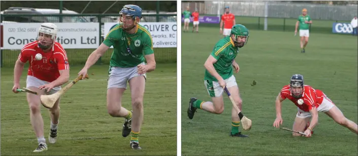  ??  ?? Ciarán Dwyer of Fethard wins the ball in this tussle from Kevin Reid of Brothers Pearse. Prolific scorer Mikie Dwyer keeps his eye on the ball despite slipping as Barry Smith moves in.