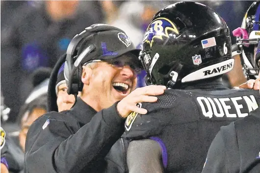  ?? KENNETH K. LAM/BALTIMORE SUN ?? Ravens coach John Harbaugh said the defense “was just off the charts” after a 16-10 win over the Browns on Sunday in Baltimore.