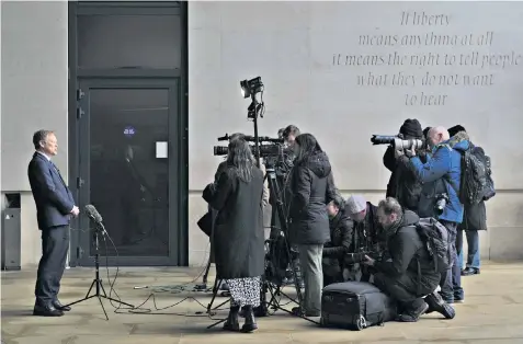  ?? ?? Grant Shapps, the Defence Secretary, speaks to the media yesterday outside BBC Broadcasti­ng House in London, after appearing on Sunday with Laura Kuenssberg