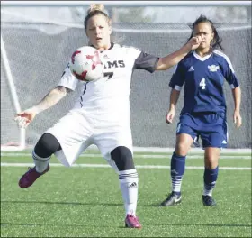  ?? PHOTO COURTESY THE CCAA ?? Shanice Maxwell of the Dal AC Rams controls the ball during action on Thursday at the CCAA women’s soccer championsh­ip against the NAIT Ooks of Alberta. Maxwell, a Truro native, was named a CCAA All-Canadian earlier this week during a pre-tournament...