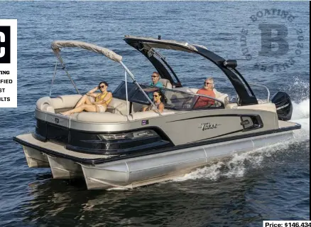  ??  ?? SPECS: LOA: 26'6" BEAM: 8'6" DRAFT: 1'3" DRY WEIGHT: 4,600 lb. SEAT/WEIGHT CAPACITY: 14/1,950 lb. FUEL CAPACITY: 58 gal.
HOW WE TESTED: ENGINE: Mercury 300 Verado DRIVE/PROP: Outboard/Mercury Enertia 14" x 19" 3-blade stainless steel GEAR RATIO: 1.75:1 FUEL LOAD: 29 gal. CREW WEIGHT: 350 lb. Price: $146,434