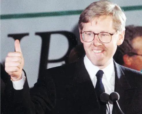 ?? TIM CLARK / THE CANADIAN PRESS FILES ?? NDP leader Bob Rae after leading his party to victory in the Ontario election in 1990 with a majority government (74 out of 130 seats) with 38 per cent of the vote. Polls indicate the NDP right now have 47-per-cent support.