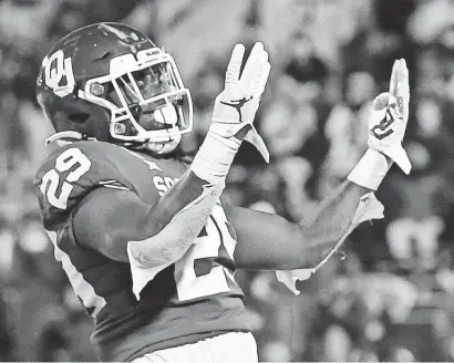  ?? KEVIN JAIRAJ/USA TODAY SPORTS ?? Oklahoma running back Rhamondre Stevenson reacts after scoring against Baylor. Hen averaged 5.8 yards per carry and 11.7 yards per reception and had six TDs in 2020.