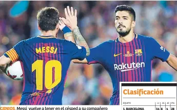  ??  ?? GENIOS. Messi vuelve a tener en el césped a su compañero en ataque, el charrúa Luis Suárez.