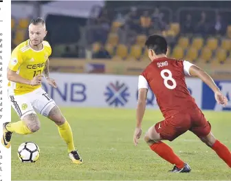  ??  ?? CERES-NEGROS FC settled for second place in Group F of the AFC Cup after losing to Singapore’s Home United FC, 2-0, in a key match on Wednesday night in Bacolod City. Despite the loss, Ceres still advanced to the ASEAN Zone semifinals.